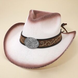 Metal Steer Head Emblem Studded Leather Band Western Straw Cowboy Fedora Hat
